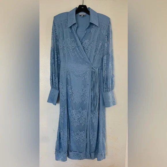 Ganni Blue Lace Midi Dress In Placid Blue , pre-owned, size 36